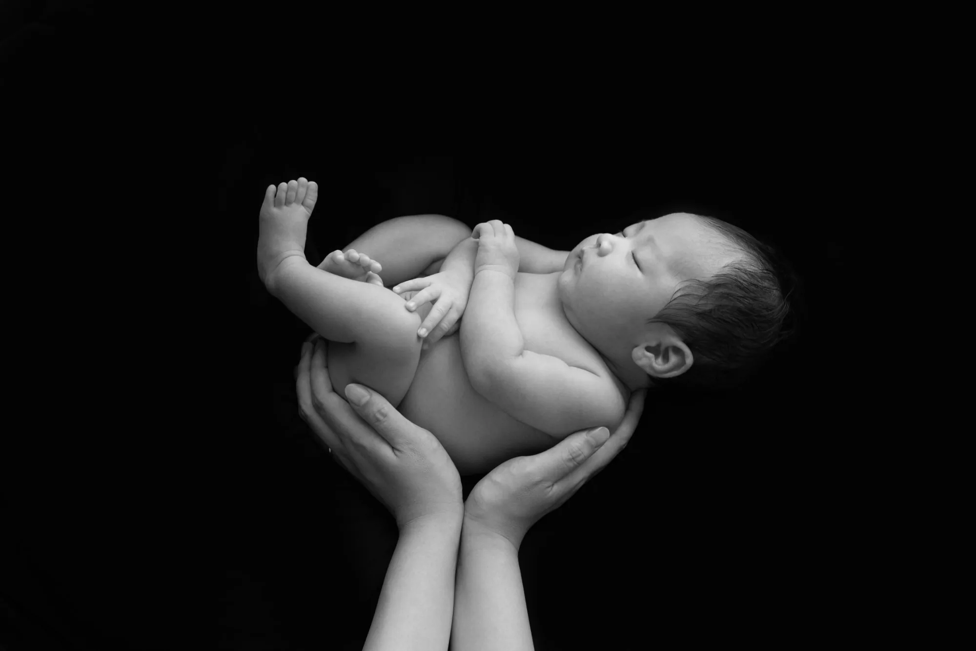 両手でハート形に包まれる新生児(モノクロ)